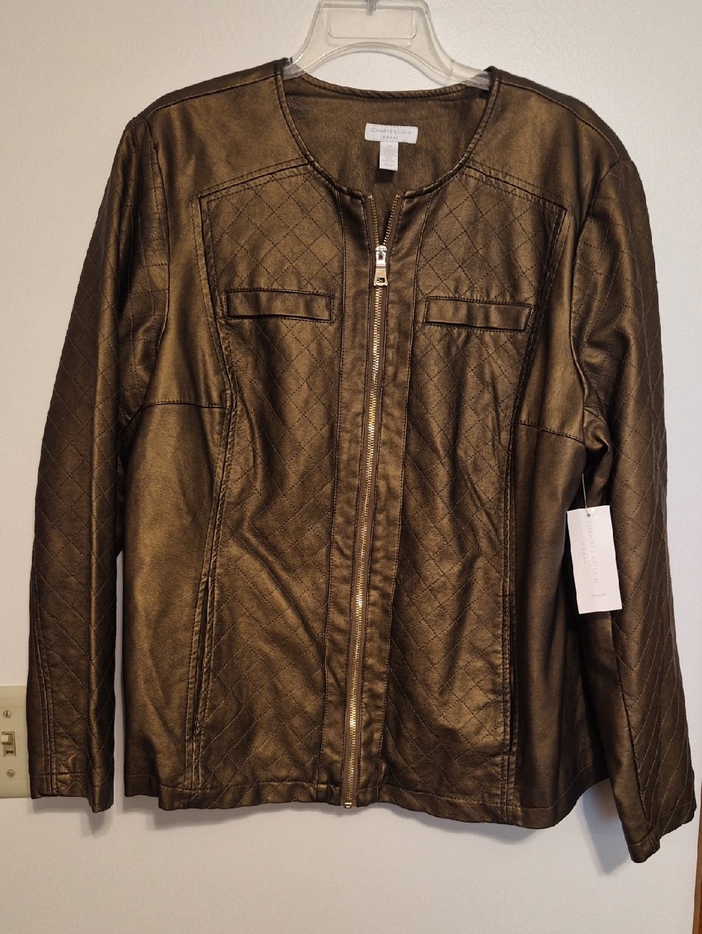 NWT Charter Club Metallic Bronze Quilted Zip-Front Leather Jacket sz 16